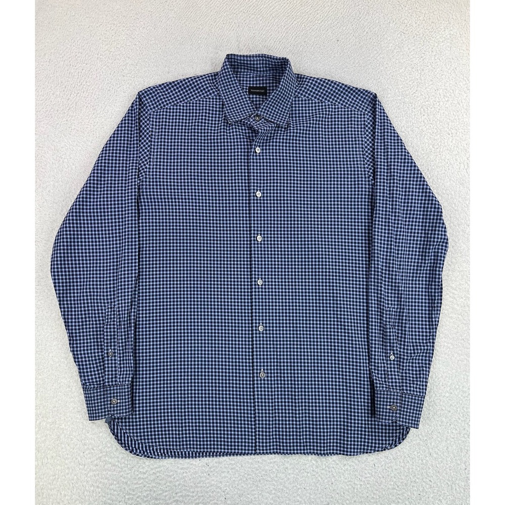 Ermenegildo Zegna Dress Shirt Mens XL Blue Gingham Regular Fit Woven Cotton LS